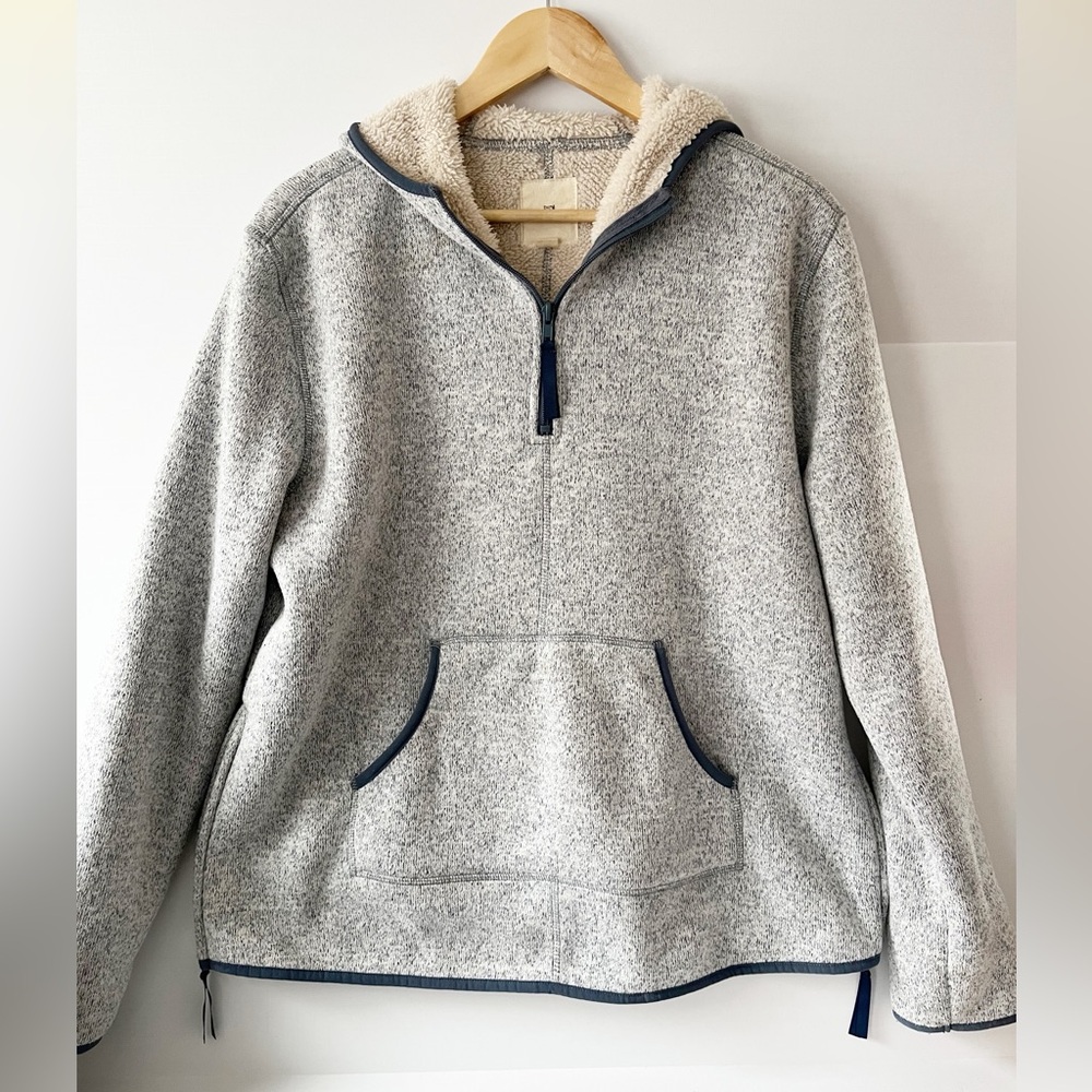 Thread Supply Gray Fleece Pullover with Navy Trim Sherpa Lining Sweater Fleece L